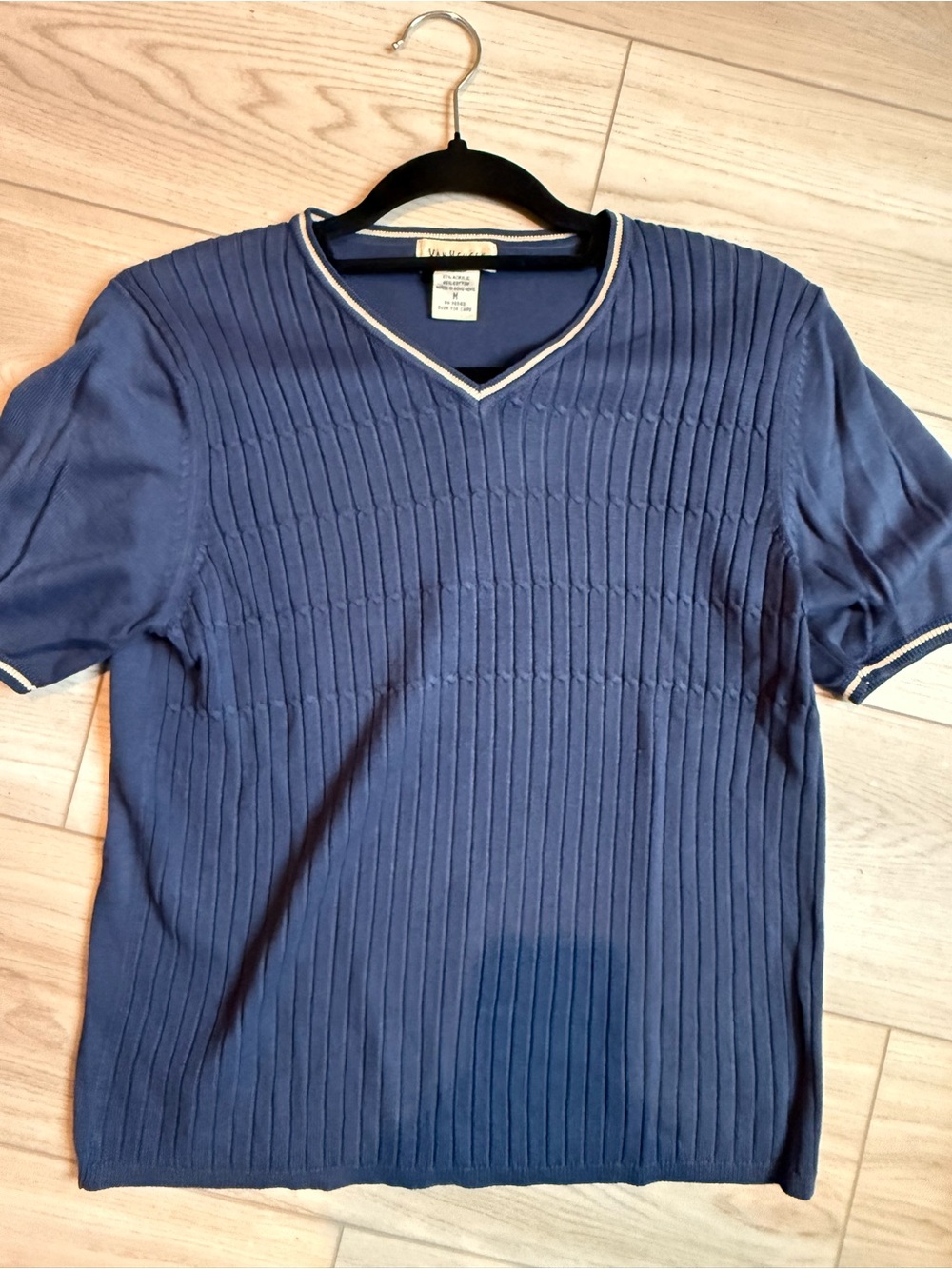 Vintage Van Heusen Navy V-Neck Ribbed Short Sleeve Top with Cream Trim
